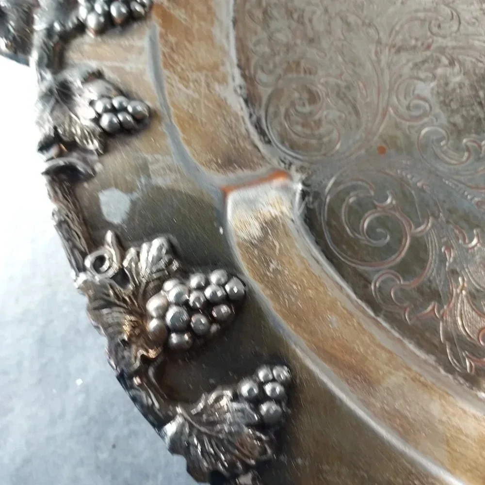 Silver Round Plate Tray With Handles and Grape Bunches Designs - Picture 3 of 5
